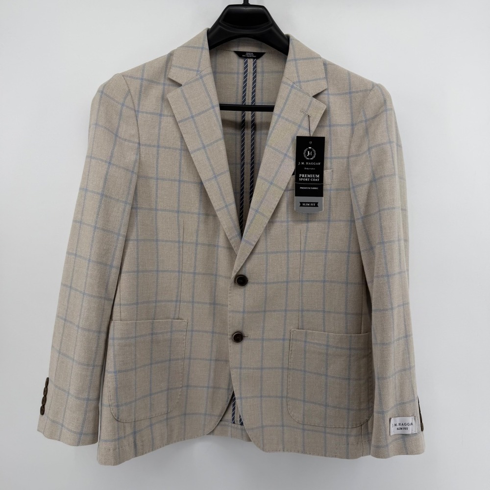 J.M. Haggar Sport Coat Mens 42S Tan Blue Windowpane Check Slim Fit Cotton Blazer